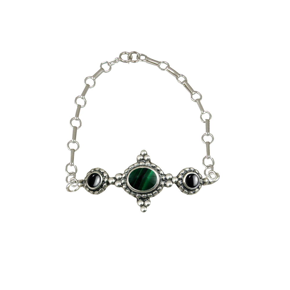 Sterling Silver Gemstone Adjustable Chain Bracelet With Malachite And Hematite